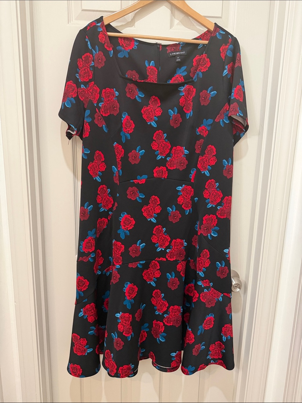 Lane Bryant Black Dress with Red Rose and Blue Leaf Print